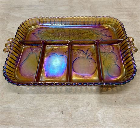 Indiana Amber Carnival Glass Divided Relish Fruit Tray Dish Vintage