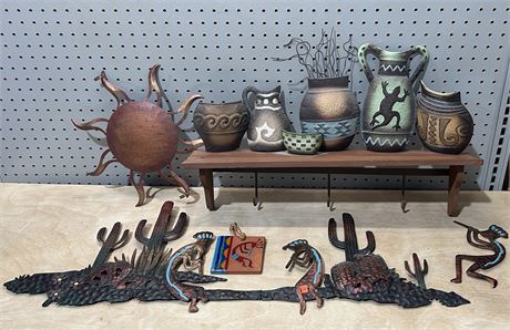 Kokopelli Decor Lot: Metal Wall Art, Hanging Tile, Metal Art Shelf, etc