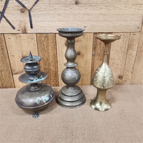 Vintage Brass Candle Holder Trio