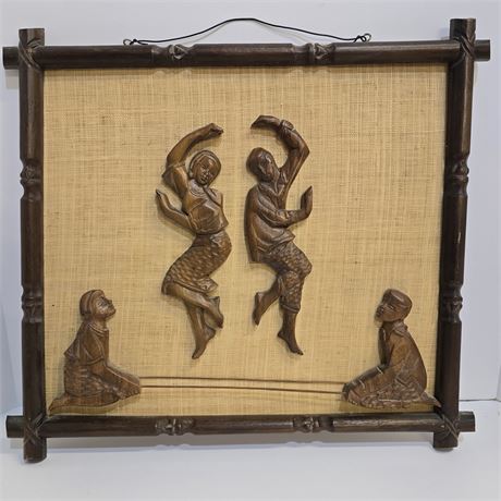 Vintage Philippine Wall Hanging, 3D Teak Tinikling Dancers on Canvas